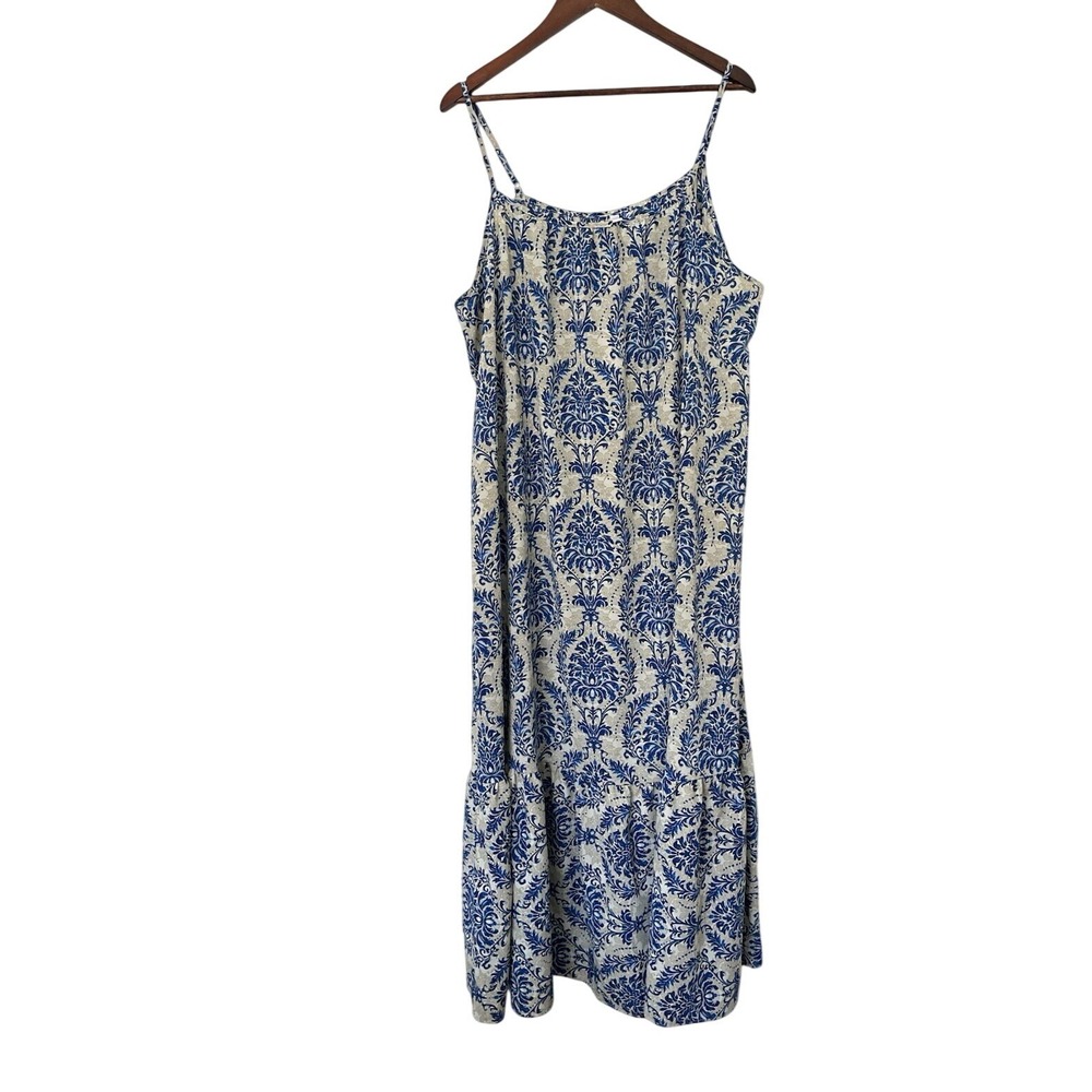 Dokotoo Maxi Dress 2XL Blue/Tan Damask Boho Strappy Ruffle Sundress Beach Resort